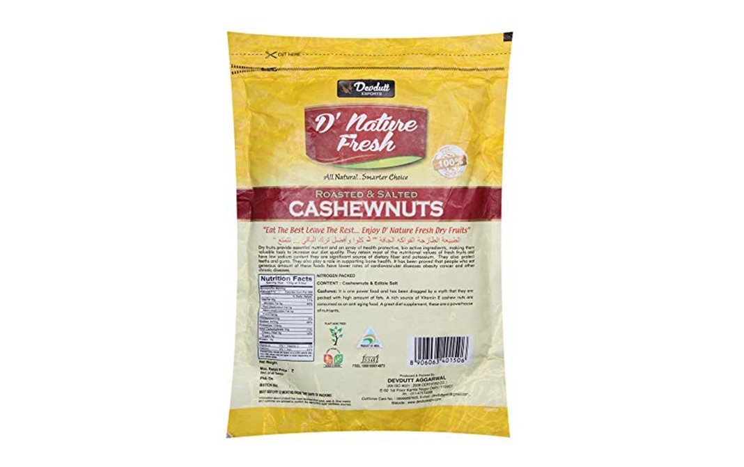 D'nature Fresh Roasted & Salted Cashewnuts    Pack  200 grams